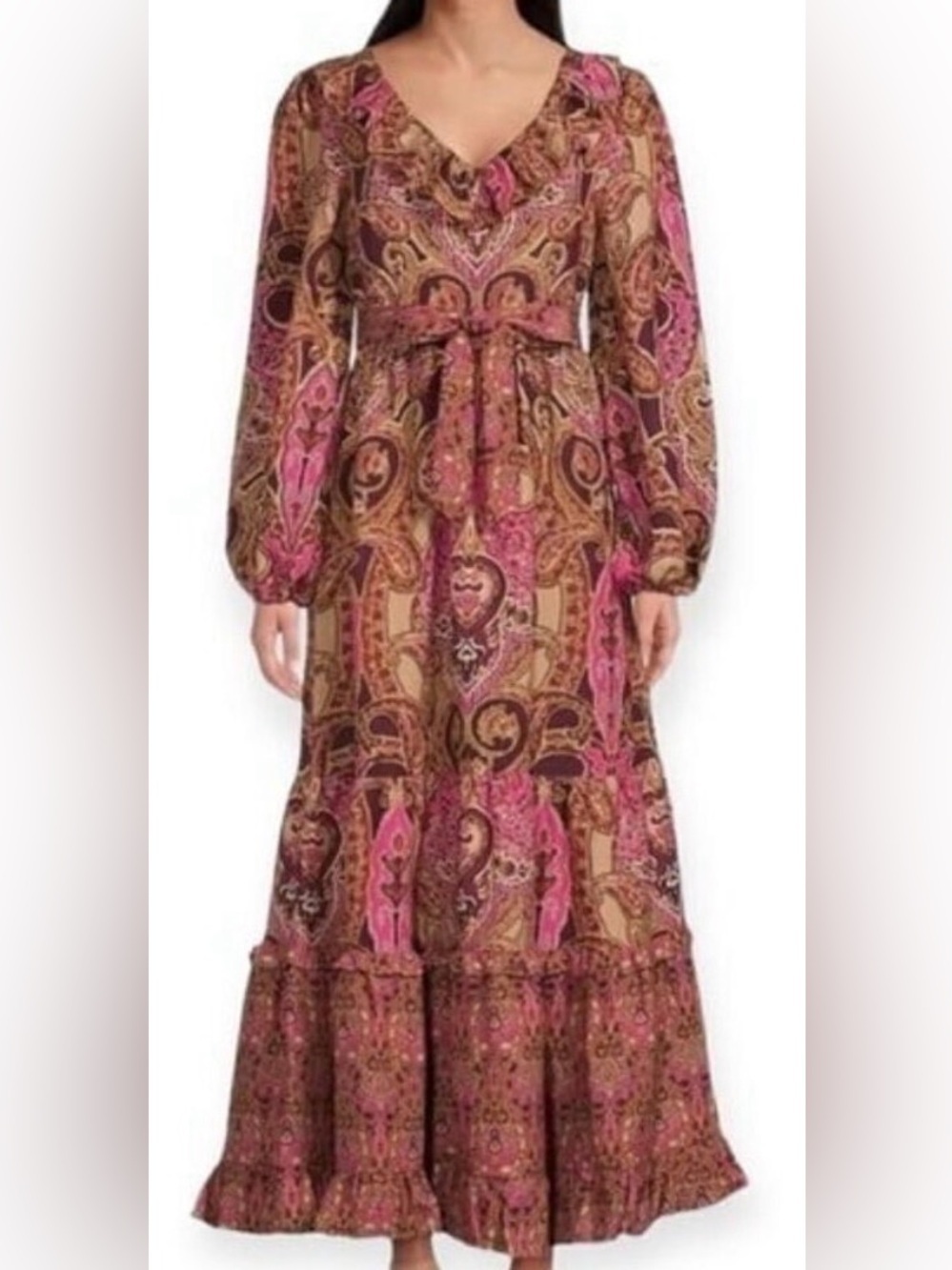 NWOT A LOVES A Paisley Printed Ruffled Linen V-Neck Maxi Dress Bohemian Size XS